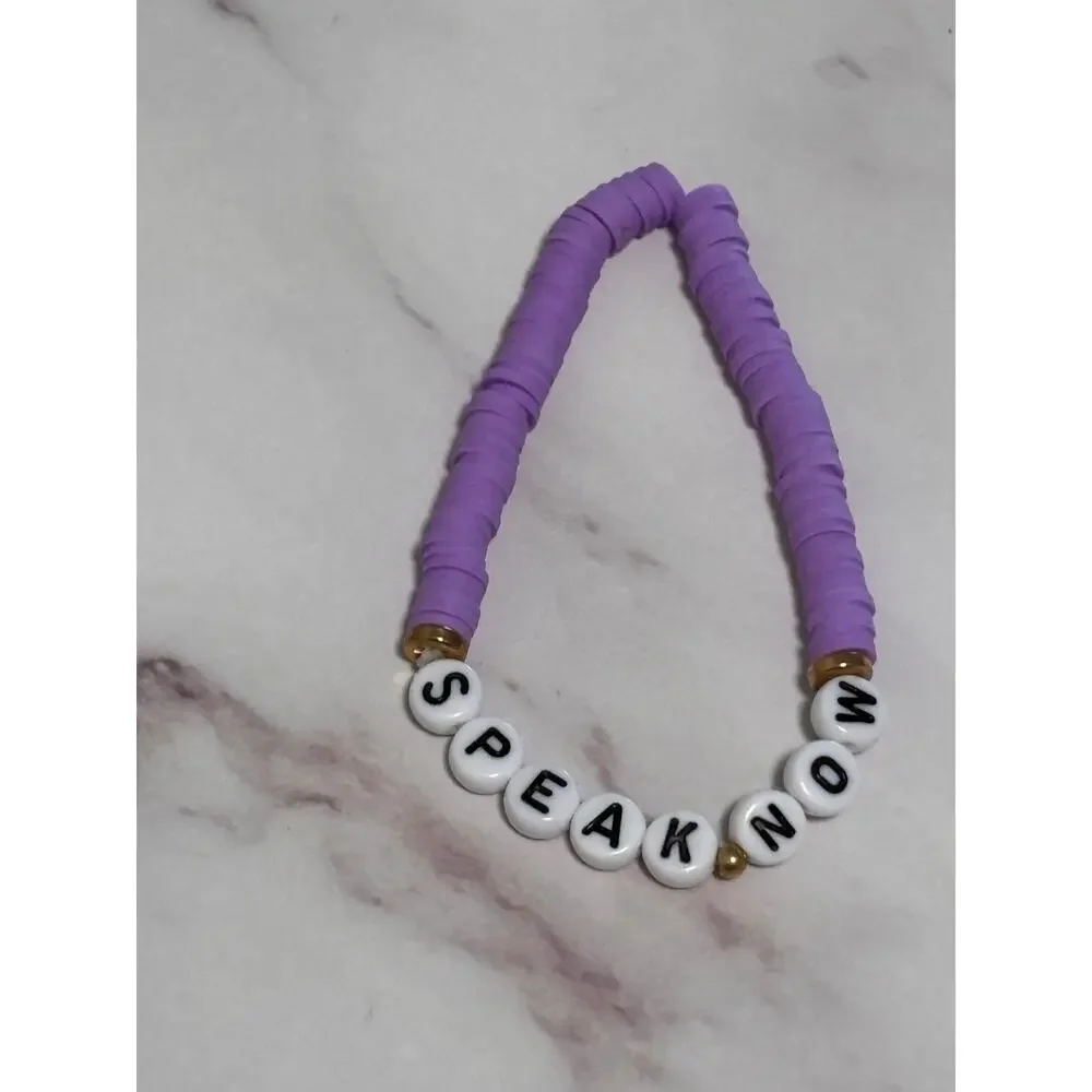 Speak Now Purple Heishi Word Bracelet 7 Inch Polymer Clay Gold White Letter Bead